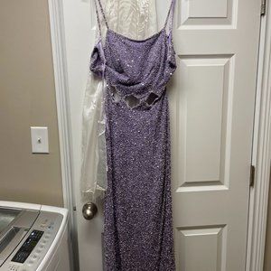 Lavender Scala Cut-Out Formal Gown with White Scarf